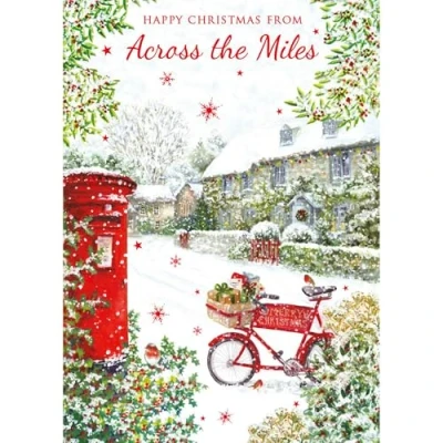 Image of Across the Miles Christmas Card Snowy Village and Post Box Artistic Festive Design Made in UK Eco Friendly