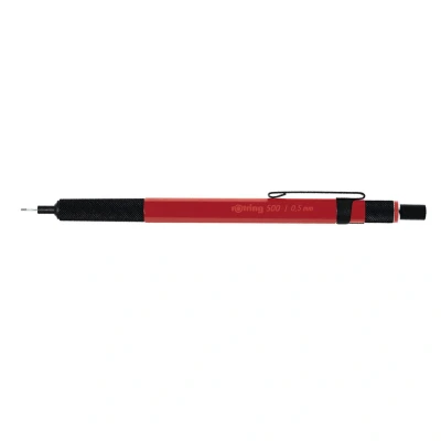 Image of rOtring 500 Mechanical Pencil 0.5mmHB Lead Red hexagonal plastic barrel and non slip textured metal grip