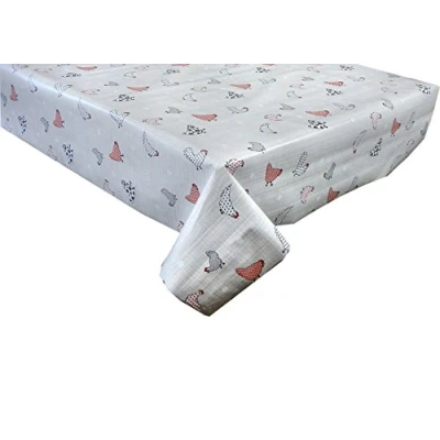 Image of linen702 Vinyl Pvc Tablecloth 2 metres (200 x 137 cm) Chickens and hens in red beige on grey dot check design. Fit up to 6 Seater Size Rectangle table, Wipe Clean, Plastic Table Cloth (208)