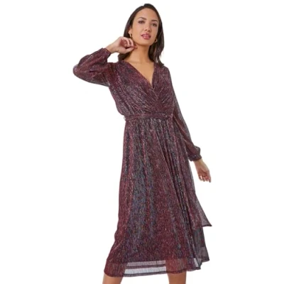 Image of Roman Womens Shimmer Plisse Wrap Dress Wine Size 12 UK