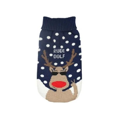 Image of Record Christmas Sweater for Dogs &quot;Rude Dolf&quot;. with Blue Background Reindeer, Soft and Warm Turtleneck Elastics XL, Back Length 50 cm