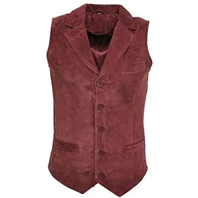 Image of Men&#039;s Smart Real Suede Leather Burgundy Gilet Waistcoat Biker Fashion Vest L