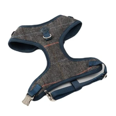 Image of HUGO &amp; HUDSON x HACKETT Tweed Dog Harness Adjustable No Pull Vest, Grey Checked Herringbone XS