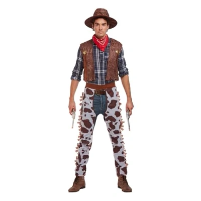 Image of HENBRANDT Adult Men’s Cowboy Fancy Dress Costume with Hat and Chaps Stag Do Halloween Sheriff Western Up Outfit One Size Mens