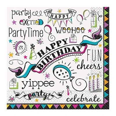 Image of Unique Party 52172 Doodle Happy Birthday Paper Napkins, Pack of 16