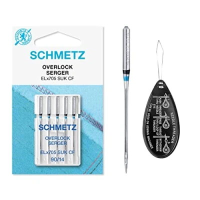 Image of Overlock / Serger ELx705 SUK CF Ballpoint (Medium Ball Point, Chrome Finish) Coverstitch Sewing Machine Needles, Size 90/14, Includes Large Needle Threader