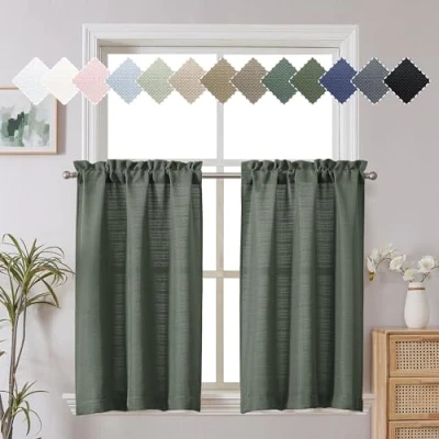 Image of Chyhomenyc Bennet 2 Panels Olive Green Kitchen Curtains 24 Inch Length Tier Curtains, Faux Linen Textured Small Cafe Light Filtering Short Window for Bathroom Basement, 30x24