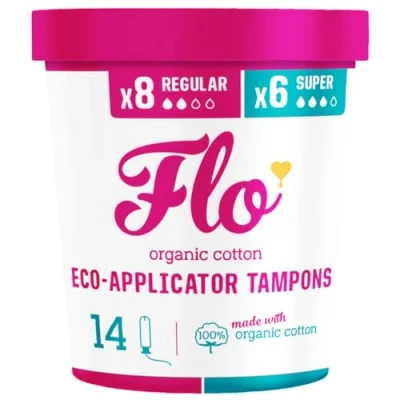 Image of FLO Applicator Tampons, Made from Organic Cotton, Biodegradable, Regular and Super Combo Pack, 14 Count (Pack of 1)