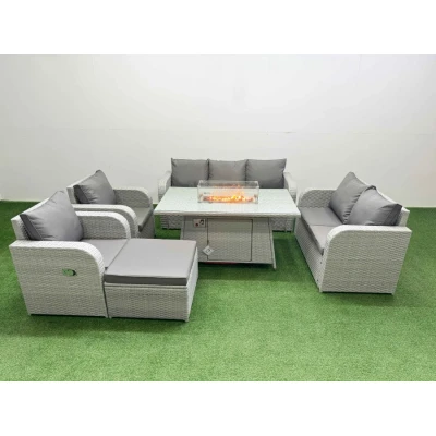 Image of Pe Rattan Garden Furniture Set Reclining Chair Sofa Double Love Seat 2 Seater Lounge Firepit Dining Table Big Footstool Light Grey Fimous