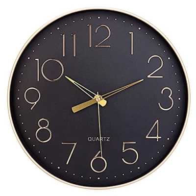 Image of Topkey Black Wall Clock 12&quot; Silent Non Ticking Arabic Numeral Round Decorative for Living Room, Bedroom, Kitchen (Battery Not Included) Gold Numbers
