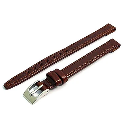 Image of Ladies Open Ended Watch Band Strap for Vintage Watches. Genuine Leather 8mm Brown with Chrome (Silver Colour) Buckle