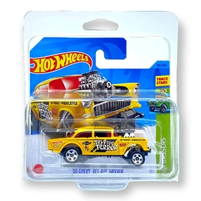 Image of Hot Wheels &#039;55 Chevy Bel Air Gasser (Yellow) 1/5 HW Gassers 2023 110/250 (Short Card) COMES IN A KLAS CAR KEEPER PROTECTIVE COLLECTORS CASE HKH61