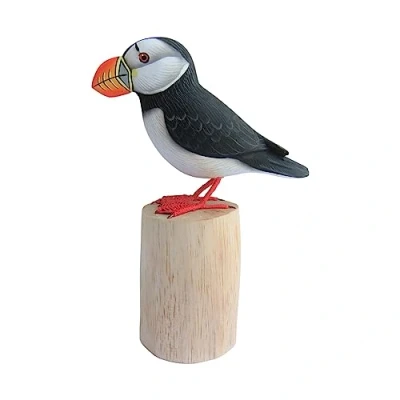 Image of Brave Wings Hand Carved Wooden Bird Puffin on Tree Stump 19 cm High OOAK Ornament Sculpture Figurine Statue Unique Table Decoration Home Decor Gift for Christmas and Birthdays 4197