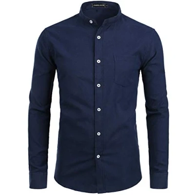 Image of PARKLEES Mens Hipster Design Grandad Collar Oxford Shirt Slim Fit Long Sleeve Casual Button Down Dress Shirts with Pocket Navy XXL