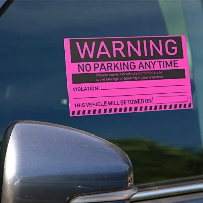 Image of 100 MESS Parking Violation Stickers Hard to Remove Pink Tow Warnings No Bad Super Sticky Warning for Towing Parked Cars 8x5 in,