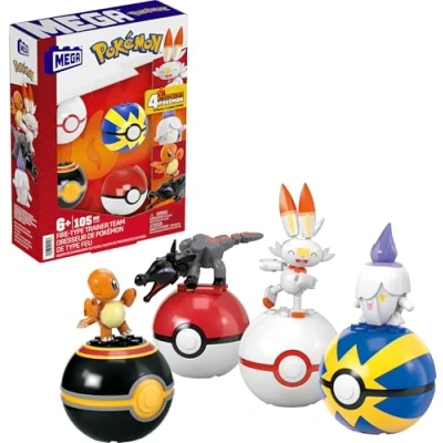 Image of MEGA Pokémon Building Toys Set Fire Type Trainer Team with 105 Pieces, 4 Poseable Character, 2 Inches Tall, for Kids, HTJ06
