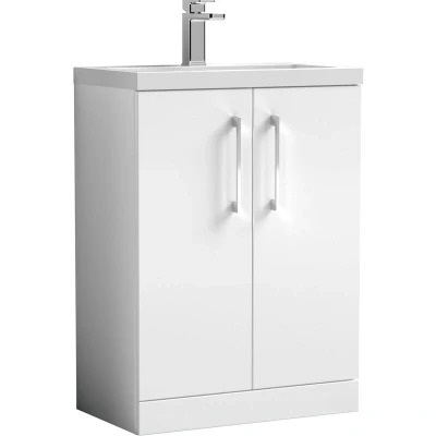 Image of Compact Floor Standing 2 Door Vanity Basin Unit with Polymarble 600mm Gloss White