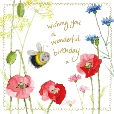 Image of Alex Clark Happy Birthday Bee and Poppies Foil Card Wildflowers Flowers Nature Greeting Cards To Celebrate Designed Printed in the UK...