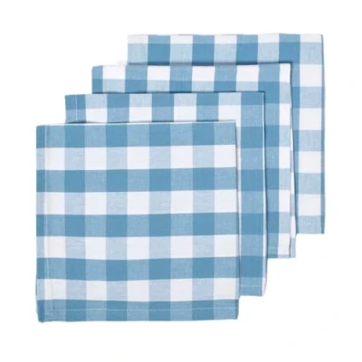 Image of HOMESCAPES Set of 4 Blue Gingham Napkins Block Check Pattern 100% Cotton 45 x cm (18 18) with and White Checkered Design