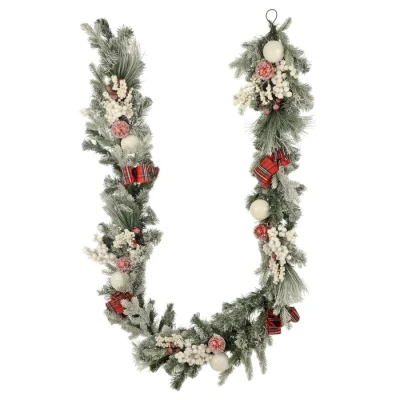 Image of Mr Crimbo 270cm Christmas Garland with Tartan Ribbons, Frosted Baubles, Artificial Berries, Mixed Pine, Larch &amp; Fir Branches Indoor Festive Décor