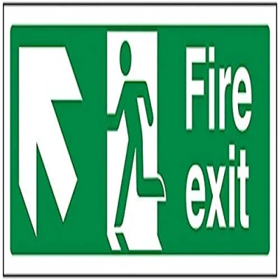 Image of V Safety 14007AX S Fire Exit Arrow Up Left Sign Landscape 300mm x 100mm Self Adhesive Vinyl, Green