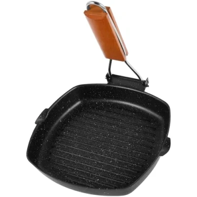 Image of NIHUIFDPY 28cm Carbon Steel Grill Pan with Non Stick Coating and Folding Wood Handle, Griddle for Oven &amp; Induction Gas hobs, Square Meat Fish Vegetables(28cm)