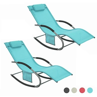 Image of SoBuy OGS28 HBx2, Set of 2 Outdoor Garden Rocking Chair Relaxing Sun Lounger with Side Bag, Blue