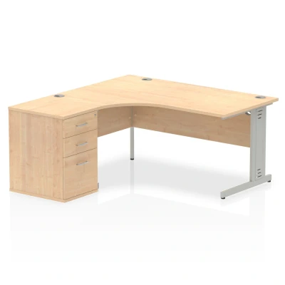 Image of Impulse 1600mm Left Crescent Office Desk Maple Top Silver Cable Managed Leg Workstation 600 Deep High Pedestal