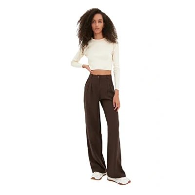 Image of Trendyol Women Regular Waist Straight Leg Wide Trousers Brown
