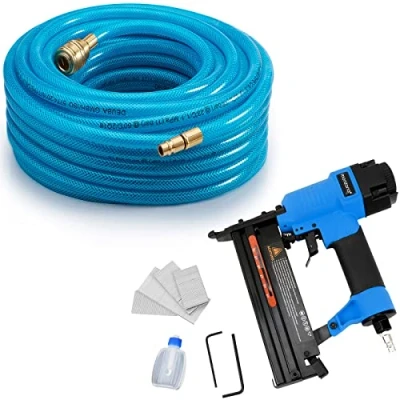 Image of MONZANA® 2in1 Pneumatic Brad Nailer Stapler Kit &amp; 20m PVC Air Line Hose Compressed Powered Tools Tacker Staple Gun with 100x 32mm Nails, Staples, Carry Case