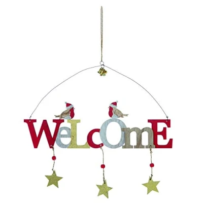 Image of Christmas Decoration XL Wooden Welcome Sign Wall Art Hanging Robins &amp; Stars