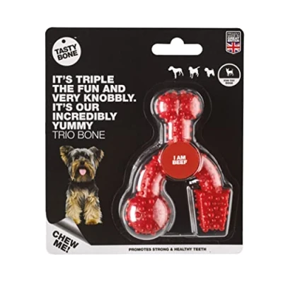 Image of TastyBone TrioBone Nylon Dog Chew Toy for Dogs (Beef) Indestructible Aggressive Chewers, Everlasting Flavour, Strong Healthy Teeth, Made in the UK