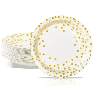 Image of AIPartywar Party Paper Plates, 50 Pack Disposable White and Gold Foil Polka Dots, 7 Inch Dinner Plates for Graduation Wedding Birthday