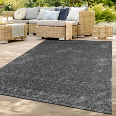 Image of TT Home Large Outdoor Rug Patio Carpet Kitchen For Garden Modern Rhombus Bohemian Square, colour: Dark Grey 2, Size:120x160 cm