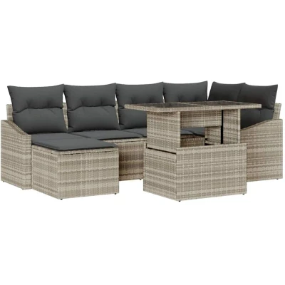 Image of vidaXL 7 Piece Garden Sofa Set with Cushions Light Grey Poly Rattan