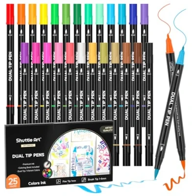 Image of Shuttle Art Brush Tip Colouring Pens, 25 Colours Dual Fine and Markers Set with 1 Book, Felt Pens for Calligraphy Hand Lettering Journaling