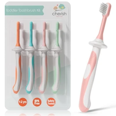 Image of Cherish Baby Care Toddler Toothbrush Set (4 Pack) BPA Free &amp; Safety Tested Kids for 1 Year Old Toddler, Designed by a Paediatric Dentist, Soft Grip 2 Years (Multi)