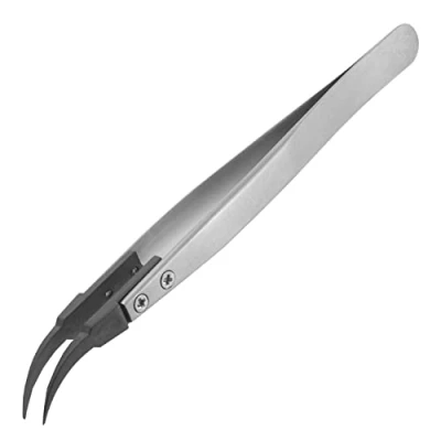 Image of PPS Plastic Tipped Tweezers, Curved, fine Pointed Tips, Stainless Steel Body, ESD Safe. ENGINEER ptz 43, 130mm
