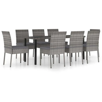 Image of vidaXL 9 Piece Outdoor Dining Set with Cushions Poly Rattan Grey