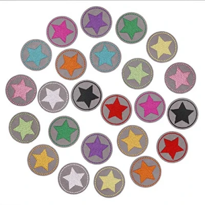 Image of 24pcs Round Five Pointed Star Iron On Patches Embroidered Motif Applique Decoration Sew Custom for DIY Jeans, Jacket, Bag, Backpack, Caps, Arts Craft Making (Round Stars 24pcs)