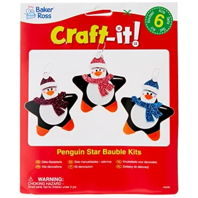 Image of Baker Ross Penguin Star Bauble Kits Pack of 6, Make Your Own Christmas Decoration, Decoration Craft Kit (FE836)