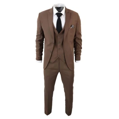 Image of Men&#039;s Classic Brown Suit 3 Piece Tailored Fit Vintage Office Wedding Prom 38