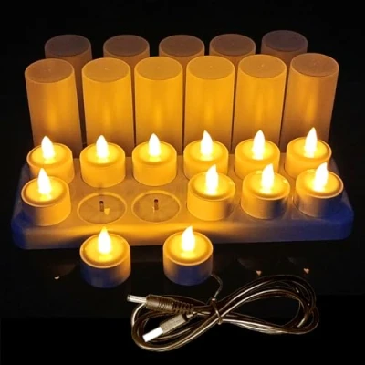 Image of Flameless Candles 12pcs Rechargeable Tea LED Flickering Lights, 12 Frosted Cups with Charging Base for Valentine&#039;s Day Christmas Halloween Wedding Outdoor Party Decor (No Remote Control)