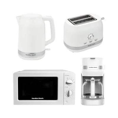 Image of Hamilton Beach Ella Kitchen Bundle with Coffee, 1.7L Cordless Kettle, 2 Slice Wide Slot Toaster, 20L Standard Microwave, 1.5L Coffee Machine, Set ELLACWB, White