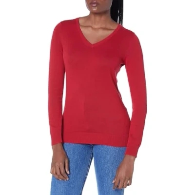 Image of Amazon Essentials Women&#039;s Classic Fit Lightweight Long Sleeve V Neck Jumper (Available in Plus Size), Red, S