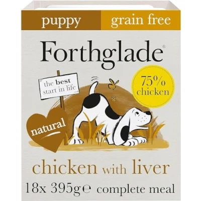 Image of Forthglade Wet Puppy Food (18 x 395g Trays) Puppies 2 12 Months, Grain Free Chicken with Liver &amp; Vegetables, Stomach Sensitive Dog Natural Ingredients, Hypoallergenic