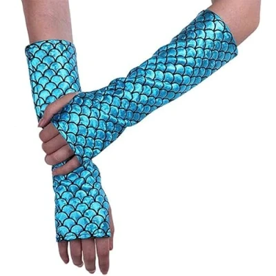 Image of RUNHENG Women&#039;s Shimmery Mermaid Gloves Fish Scale Fingerless Long Elbow Length Halloween Carnival Masquerade (Blue)
