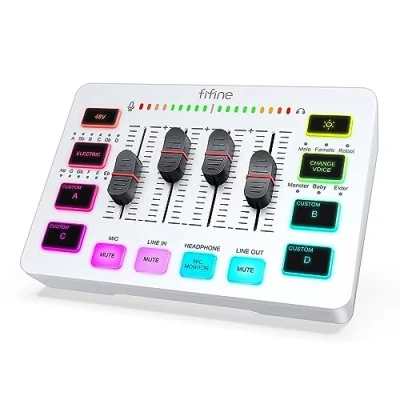 Image of FIFINE Audio Interface with RGB Lights,Slider Fader for Podcast Streaming Gaming,PC Mixer,Stream Deck XLR Microphone Input,Voice Effects Music Recording,Video Creating SC3 White
