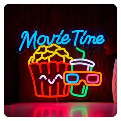Image of Sign Lamp Movie Time Neon Popcorn Cinema LED Light Brightness Adjustable for Wall Decor Film Room Party 41.91cmx32cm