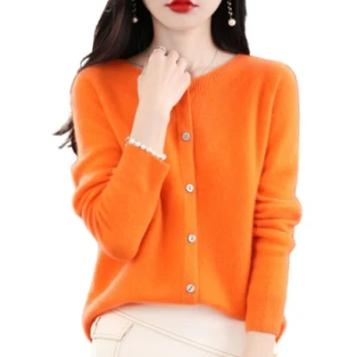 Image of TeysHa Women&#039;s Cashmere Cardigan Sweater,Wool Crew Neck Button Down Long Sleeve Sweater,Soft Warm Knit Elastic Jumpers (Orange,Medium)